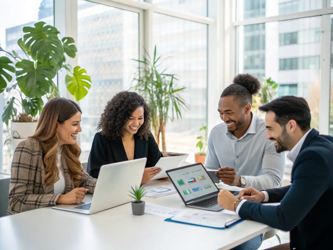 An image of a diverse team collaborating effectively using AI-powered project management software, showcasing improved teamwork and project outcomes.