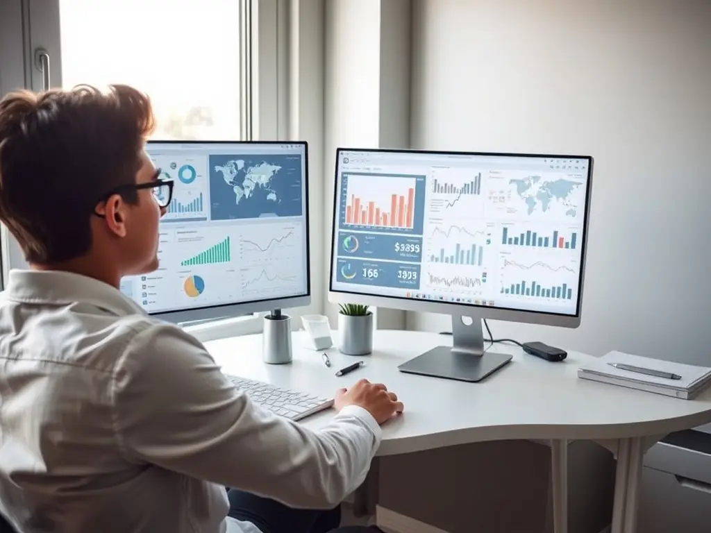 A person using a sophisticated AI tool on a laptop, with charts and data visualizations in the background, symbolizing increased productivity.
